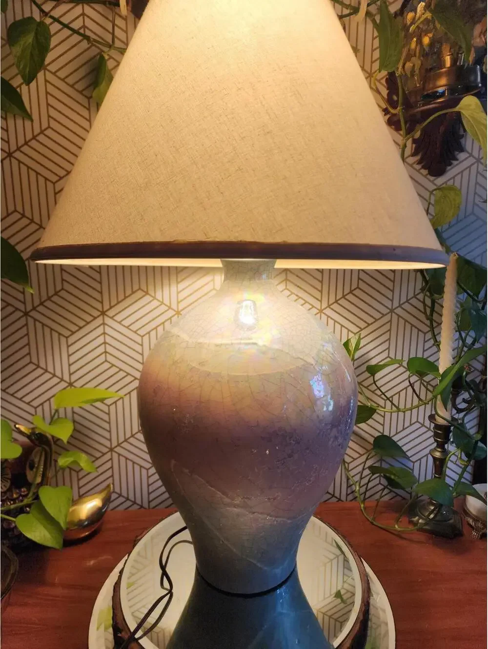 1980s Raku Glazed Ceramic Rainbow 3 way Table Lamp Made by Sunset Lamp Company